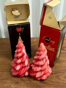 Two Vintage 1950s Emkay Xmas Tree Candles In Orginal Box Red Silver Pine Tree - Picture 1 of 10