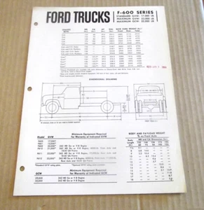 1964 Ford F-600 Series Trucks Dimensions GVW Standard Option Equip Specification - Picture 1 of 3