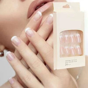 Press On Nails Natural Color, French Tip Finger Nails, 24 PCS with Glue Included - Picture 1 of 10