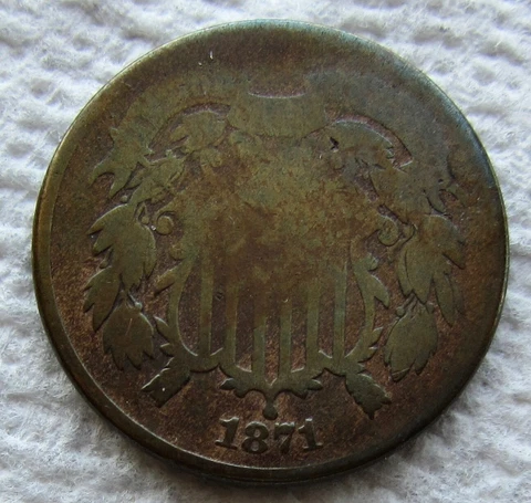 1871 2 Cent Piece Rare Semi Key Date Full Bold 4 Digit Date Shows Good / VG Cover