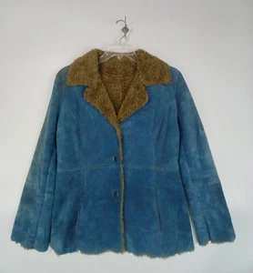 Guess Womens Vintage Button Up Jacket Size Large Blue Leather Notch Lapel #1877 - Picture 1 of 15