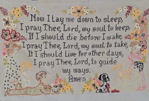 Vintage 50er Kreuzstich Needepoint Vaterunser Oma/Cottagecore religiös 24x16 - Bild 1 von 14