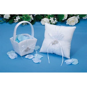 RING PILLOW & FLOWER BASKET SET W/ RHINESTONES & OPEN HEART CHARMS-VICTORIA LYNN - Picture 1 of 2