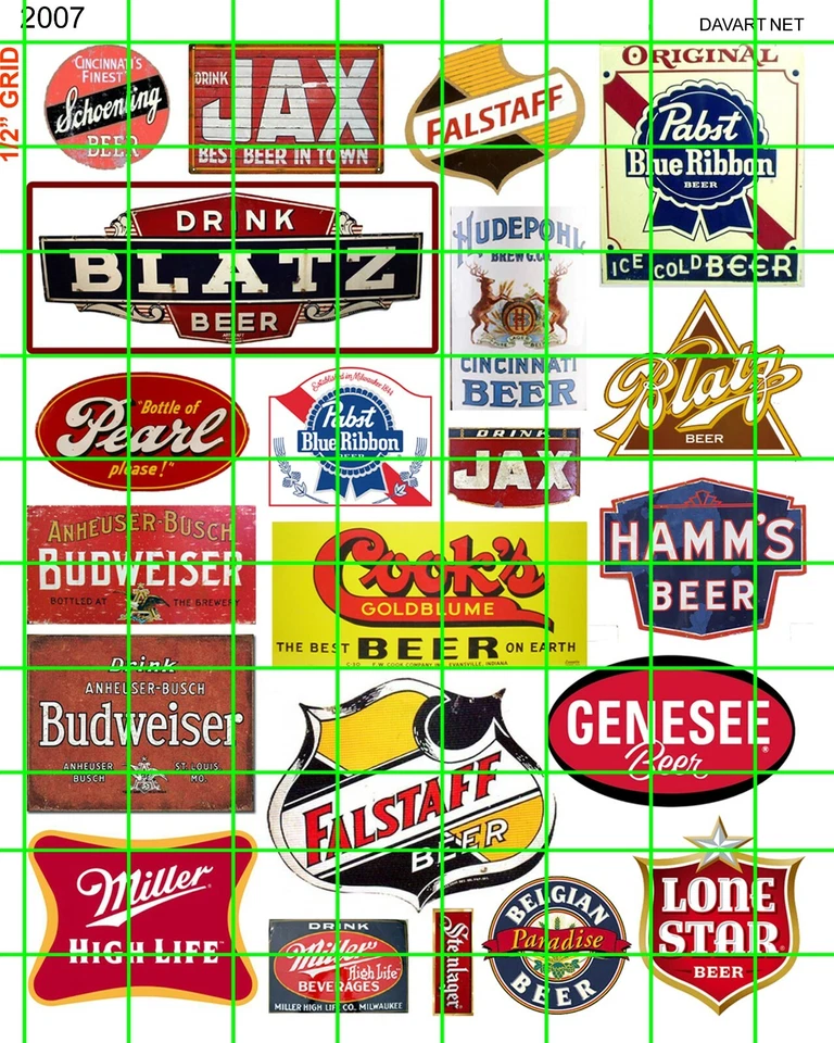 2007 DAVE'S DECALS ASSORTED BEER SIGN 2 WATERSLIDE DECALS GREEN GRID 1/2" SIZE - Image 1 of 4