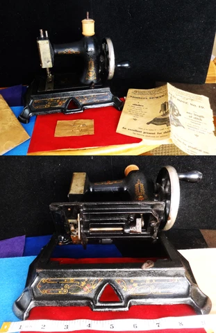 Germany Antique c.1909 MULLER #19 Cast Iron Toy Sewing Machine w/Orig Directions Cover