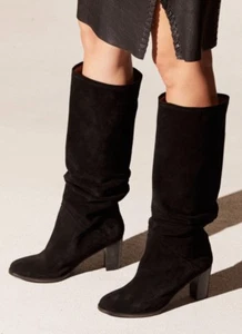 Free People Tennison Tall Suede Boots Black Ruched Slouchy Pull On  39/ 9 NEW - Picture 1 of 10