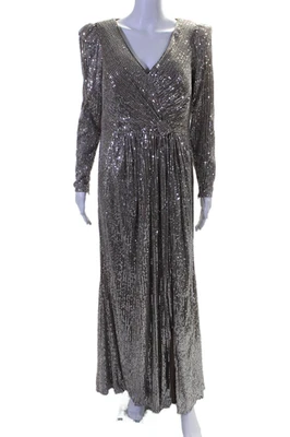 MacDuggal Womens Metallic Sequin V-Neck Long Sleeve Maxi Dress Silver Size 14W - Image 1 of 4