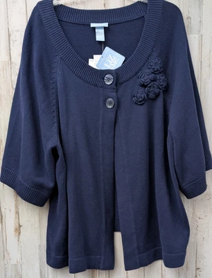 Liz & Me Cardigan Sweater Woman Plus 2X  Navy Crochet Flowers Cottagecore Office - Image 1 of 4