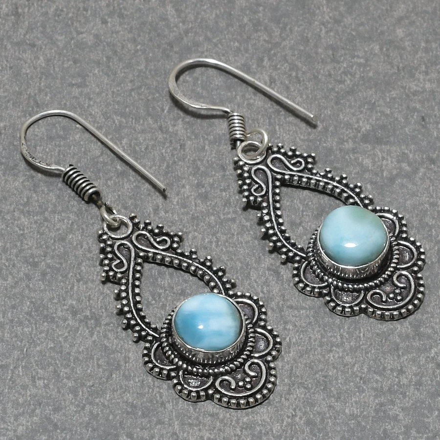 Pendientes caribeños Larimar forma redonda piedras preciosas regalo joyería vintage 2" SR 5358 Foto 1 de 1