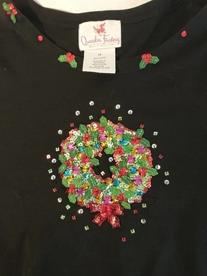 Quacker Factory Wmn 1X Top Xmas Wreath Shirt Sweater Black Embroidered Sequin  - Image 1 of 4