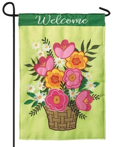 Burlap Spring Flower Basket Double Applique Garden Flag - Imagen 1 de 1