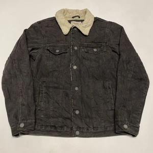 Pull&Bear Sherpa Denim Jacket Mens Small Black Borg Chore Workwear Casual Snap - Picture 1 of 10