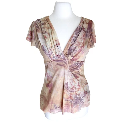 Y2K Express Babydoll Top Womens Large Beige Brown Floral Pleated Mesh Lined V - Image 1 of 4