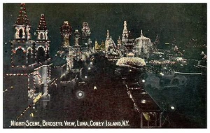 Postcard New York Coney Island Luna Night Scene Birdseye View B34 - Picture 1 of 2