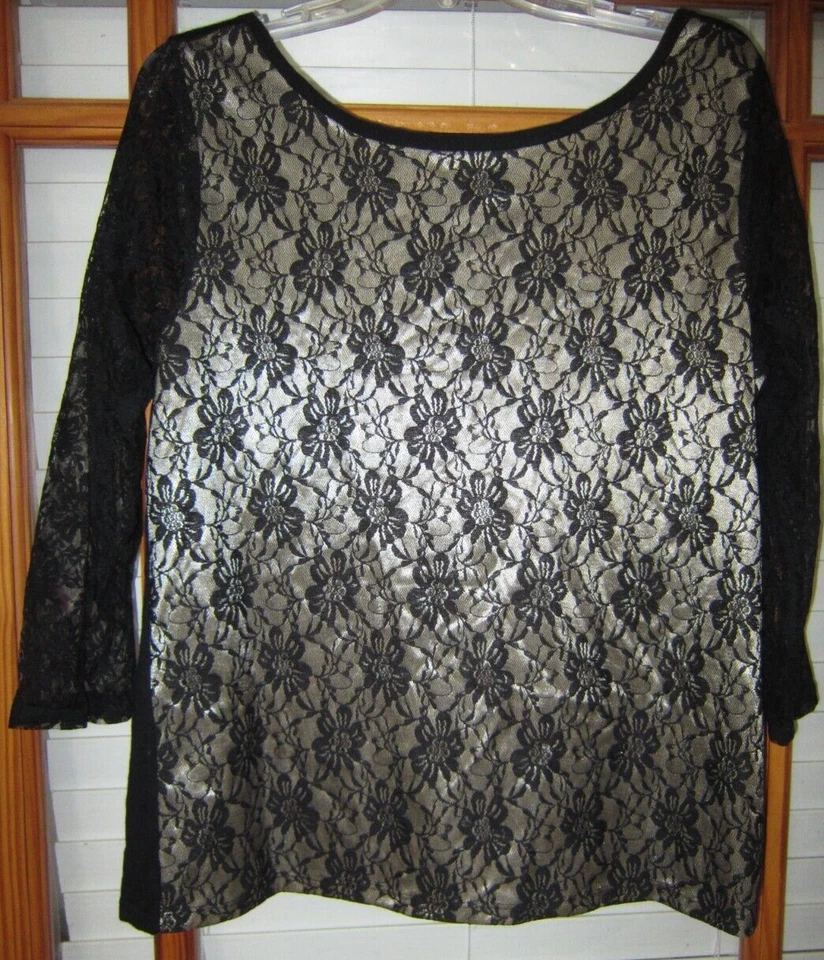 Blusa top August Silk XL de seda con encaje floral dorado negro Foto 1 de 4
