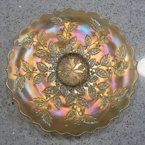 FENTON HOLLY Pastel Marigold, Clam broth, CARNIVAL GLASS Plate 9 1/2” - Picture 1 of 2