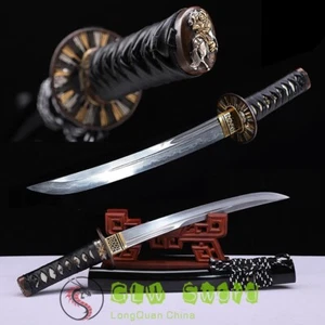 Japanese Katanas Folded Steel Clay Tempered Blade Sharp Swords Brass Tsuba Tanto - Picture 1 of 12