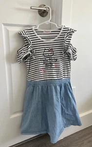 Sanrio Hello Kitty Girls Dress Size 6-7 130cm Striped w/Denim and Ruffle Sleeves - Picture 1 of 10