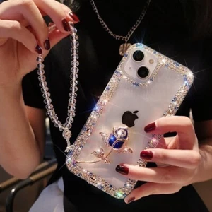 Rose Diamond Phone Case For iPhone 15 Pro Max 14 11 12 13 XS 7 8 6 Lanyard Cover - Picture 1 of 15