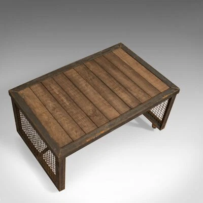 Mesa de centro industrial vintage, inglesa, hecha a mano, acero, roble, siglo XX Foto 1 de 4