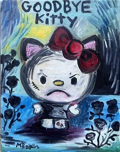 Hello Kitty Parody Goodbye Kitty original painting new cat oil painting 80s - Picture 1 of 7