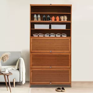11-Tier Bamboo Shoe Cabinet Shoe Rack Cabinet W/ Flip Door For Storing Trainer - Picture 1 of 12