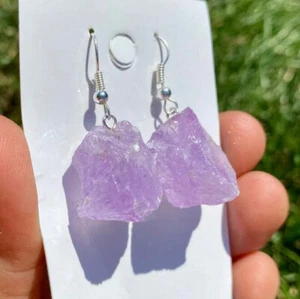 Purple Amethyst Crystal Wire Dangle Earrings Raw Gemstone Earring Reiki Heal - Picture 1 of 10
