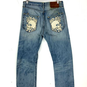 Jean vaquero vintage Ed Hardy 33x32 azul lavado claro pierna recta bordado - Imagen 1 de 5