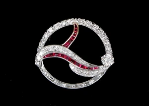 $7,500 Platinum Round Baguette Old European Cut Diamond Ruby Circle Pin Brooch - Picture 1 of 7