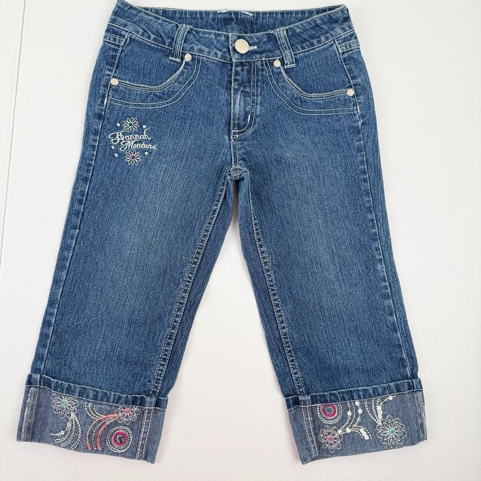 Pantalones de mezclilla capri con puños bordados lentejuelas talla 10 de Disney Hannah Montana para niñas Foto 1 de 4