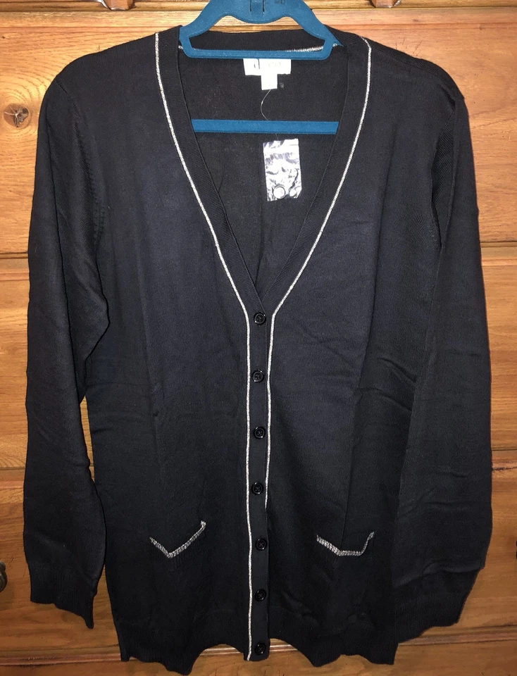 Cárdigan grande de manga larga Denim & Co. para mujer con ribete de lúrex negro talla L  Foto 1 de 4