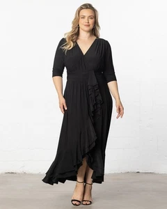 Kiyonna Dress 4X Plus Size Veronica Ruffle Black Dress Long V Neck - Picture 1 of 7