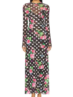 AFRM Paola Cody Dress Red Dot Rose Print Black White Spots Size L NWT Long - Image 1 of 4