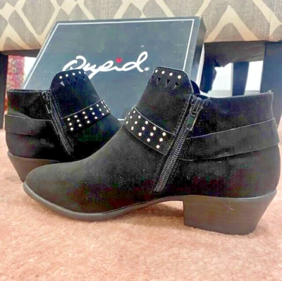New In Box Qupid Womens 6.5 Black Studded Booties Suede Western Style Weekend - Image 1 of 4
