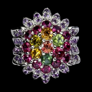 925 Anillo Plata de Ley Redondo Turmalina Amatista Granate Natural Joyas Talla 7 - Imagen 1 de 13