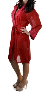 Red Sheer See through Dressing Gown Robe Wrap Long Sleeves Floral Embroidery - Picture 1 of 3