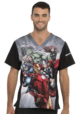 Avengers Cherokee Scrubs Tooniforms Marvel Mens V Neck Top TF708 MAIT - Image 1 of 4