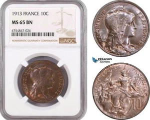 AE499, France, Third Republic, 10 Centimes 1913, Paris, NGC MS65BN - Picture 1 of 1