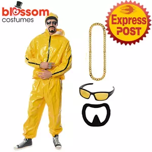 N743 Men Ali G Rapper Suit Yellow 80s Hip Hop Costume Glasses Moustache Necklace - Picture 1 of 2
