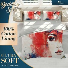 Woman Face Watercolor Graffiti Red Quilt Cover King Bed Single Double Queen Size