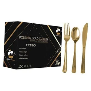 150pcs Premium Heavy-Duty Gold Plastic Silverware| Gold Cutlery Set Includes - Picture 1 of 8