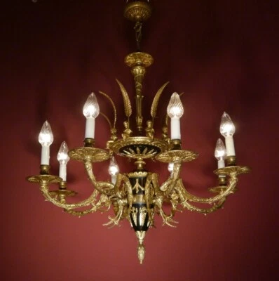 CHANDELIER BRASS EMPIRE 8 LAMP CHERUBS   FRENCH BLACK VARNISH LAMP Ø 28" - Image 1 of 4