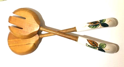 VTG SALAD FORK & SPOON SERVING SET WOOD WHITE CERAMIC HANDLE LEAF DESIGN - Image 1 of 4