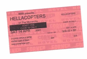 HELLACOPTERS 2001 Melbourne Australia Ticket Stub in VG condition CORNER HOTEL - Imagen 1 de 2