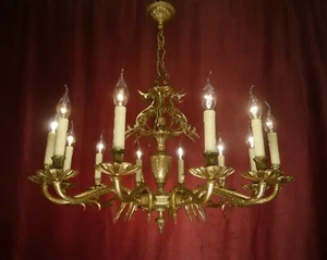 LARGE ANTIQUE CHANDELIER BRASS 12 LAMPS LIGHTS VINTAGE LAMP SPANISH OLD Ø 30" - Imagen 1 de 6