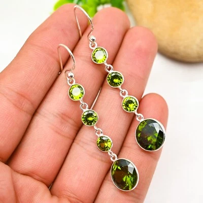 Beautiful Peridot Gemstone Earring 925 Sterling Silver Handmade Jewelry For Gift - Image 1 of 4