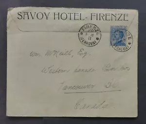 ITALIA FIRENZE SAVOY HOTEL 1911 CUBIERTA ILUSTRADA A VANCOUVER CAN. ENVÍO $1,99 - Imagen 1 de 2