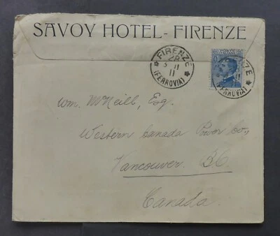 ITALY FIRENZE SAVOY HOTEL 1911 ILLUSTRATED COVER TO VANCOUVER   CAN.SHIP $1.99 - Image 1 of 2