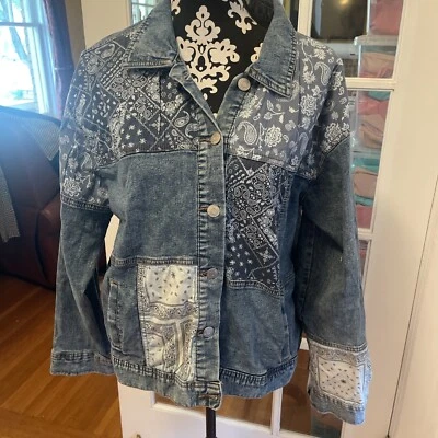 Chaqueta vaquera EST 1946 Denim Bandana 44 busto retazos XL blanca azul súper genial Foto 1 de 4