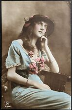 Beautiful Long Hair Glamour Woman, Tinted Real Photo Postcard 1915